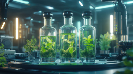 A captivating scene of lush green plants thriving in glass bottles, showcasing scientific research in a modern laboratory filled with advanced technology and bright lighting.の素材