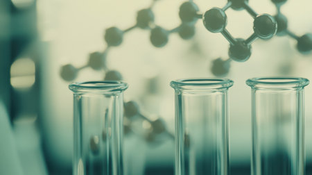 Close-up of laboratory glassware featuring three test tubes with a blurred molecular structure in the background, representing innovation and experimentation in scientific research.の素材