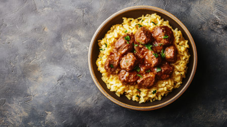 A mouth-watering bowl of meatballs served over fluffy rice, topped with a rich sauce, creates an inviting and satisfying culinary experience ideal for food lovers.の素材