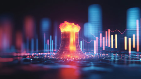 This captivating image merges digital analytics and abstract technology, showcasing an eruption effect paired with vibrant graph visuals, representing growth and innovation.の素材