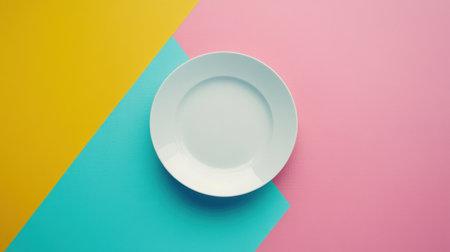 A minimalist white plate rests on a colorful background of vibrant yellow, pink, and blue, ideal for showcasing modern dining concepts or artistic food presentations.の素材