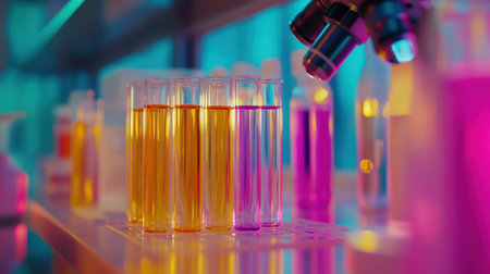 Vivid colors fill the test tubes in this modern lab scene, illustrating the vibrant world of scientific research and experimentation through dynamic lighting and clear glassware.の素材