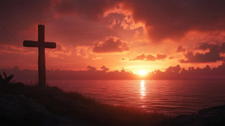 A tranquil scene featuring a cross silhouetted against a stunning sunset over calm water. The vibrant sky creates a peaceful atmosphere perfect for reflection and spiritual connection.の素材