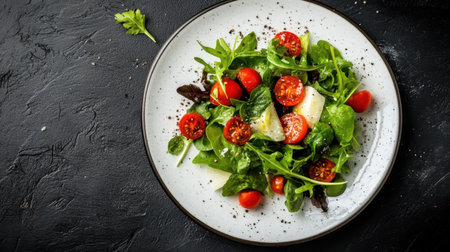 A vibrant salad featuring fresh greens, cherry tomatoes, and aromatic herbs on a rustic plate, ideal for promoting healthy eating and delicious culinary creations.の素材