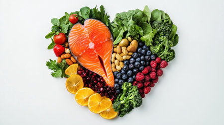 A vibrant heart-shaped display made of fresh salmon, assorted vegetables, and fruits promoting healthy eating and nutrition in a visually appealing way. Ideal for wellness themes.の素材
