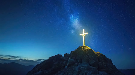 A glowing cross stands atop a rugged mountain peak, illuminated against a backdrop of a vast starry sky, symbolizing faith and hope in the tranquil twilight.の素材