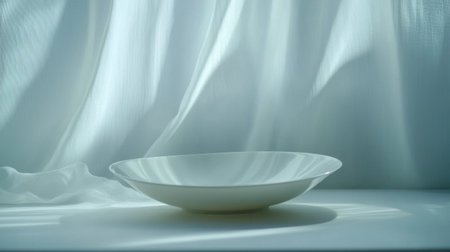 A serene image featuring a minimalistic white bowl against a soft fabric background, beautifully lit by natural light, perfect for culinary artworks or stylish decor displays.の素材
