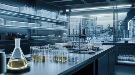 A sleek, modern laboratory filled with glass beakers and test tubes, equipped for advanced research and experimentation in a sterile and well-lit workspace.の素材