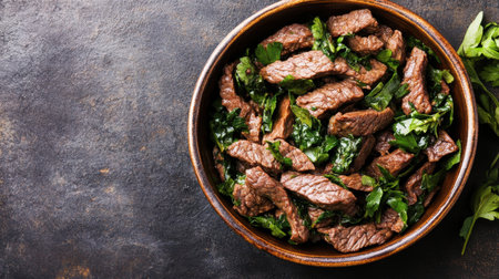 A beautiful display of savory sliced beef paired with fresh green herbs, perfect for illustrating cooking techniques and delicious meal ideas in various culinary contexts.の素材