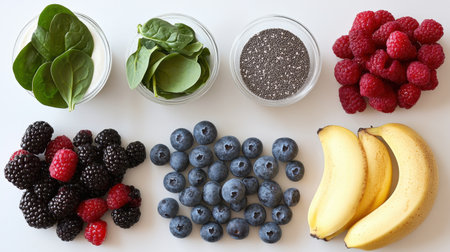 A visually appealing layout of fresh fruits and superfoods including bananas, blueberries, raspberries, and spinach, perfect for nutrition and healthy lifestyle themes.の素材