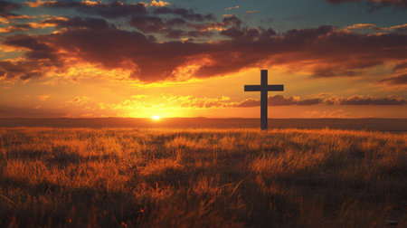 A breathtaking sunset scene featuring a cross silhouetted against a vibrant sky, surrounded by grassy fields, symbolizing spirituality and peaceful reflection in nature's beauty.の素材