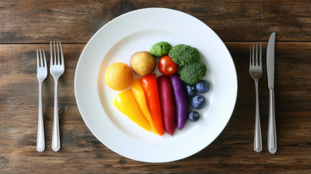 A vibrant assortment of fresh vegetables and fruits creatively arranged on a white plate, perfect for promoting healthy eating and colorful meal ideas.の素材
