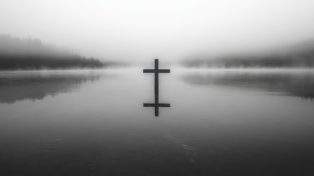 Ethereal black and white image showcasing a cross standing in calm waters surrounded by fog, conveying a sense of peace and spirituality in nature's embrace.の素材