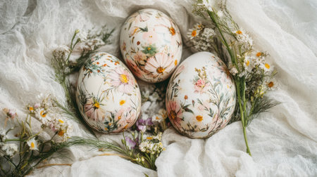 A beautiful arrangement of hand-painted eggs featuring intricate floral designs, nestled among delicate wildflowers on soft fabric, perfect for spring celebrations.の素材