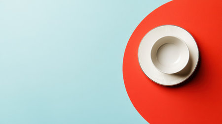 A striking minimalistic composition showcasing a white ceramic plate on a vibrant red circle against a soothing blue background, perfect for modern dining and aesthetic themes.の素材