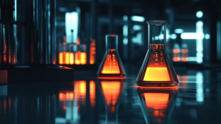 A captivating scene of a modern laboratory featuring glowing glassware filled with vibrant orange liquid, emphasizing the fusion of science and innovation in a high-tech environment.の素材