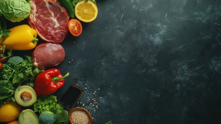 A vibrant display of fresh vegetables and meat on a dark surface, showcasing healthy ingredients ideal for cooking delicious meals and promoting nutritious eating habits.の素材