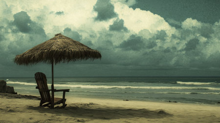 A tranquil beach scene featuring a straw umbrella and wooden chair, set against a dramatic overcast sky, ideal for moments of peace and reflection by the ocean.の素材
