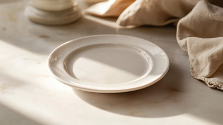 A minimalist empty white plate rests on a marble surface, illuminated by soft sunlight. This elegant setup highlights simplicity and inspires food presentation ideas for creative photography.の素材
