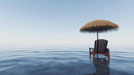 A serene beach scene featuring a solitary chair under a thatched umbrella, surrounded by calm water and a clear blue sky, evoking feelings of relaxation and tranquility.の素材