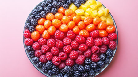 A beautifully arranged circular plate of fresh fruits showcasing the vibrant colors of raspberries, blackberries, pineapple, and cantaloupe against a soft pink background.の素材