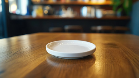 A sleek, minimalist white plate rests on a beautiful wooden table in a warm cafの素材
