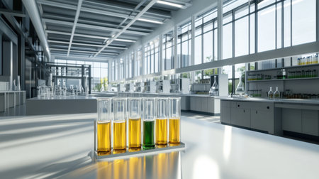 A pristine modern laboratory setup featuring test tubes with colorful liquids under bright natural light, emphasizing a vibrant space for scientific exploration and research.の素材