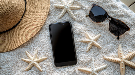 A serene beach scene featuring a smartphone, stylish sunglasses, a straw hat, and starfish arranged on a soft towel, perfect for evoking summer and vacation feelings.の素材