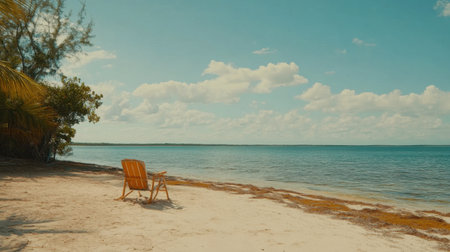 An empty wooden chair sits on a sandy beach, offering a perfect spot to relax and enjoy the scenic view of the calm ocean and clear blue skies above.の素材