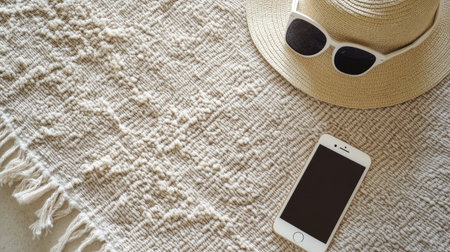 Discover a cozy summer relaxation setup featuring a woven rug, a stylish sun hat, trendy sunglasses, and a smartphone perfect for capturing sunny moments.の素材