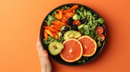 A beautiful and vibrant salad featuring a mix of fresh vegetables and fruits, emphasizing healthy eating and culinary creativity against a bright orange backdrop.の素材