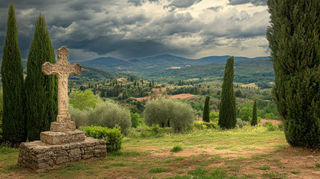A breathtaking view of an ancient stone cross set against a dramatic sky, showcasing rolling hills dotted with olive trees and cypress in picturesque Tuscany, Italy.の素材