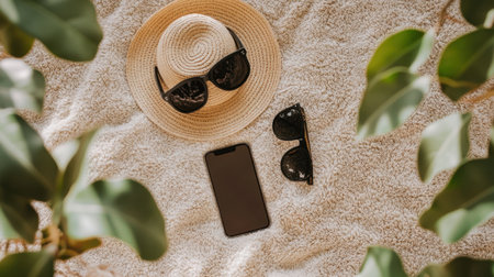 A beautifully arranged flat lay featuring a smartphone, stylish sunglasses, and a straw hat resting on a soft beach towel, surrounded by lush greenery, perfect for summer vacations.の素材