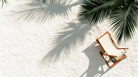 A serene beach scene showcasing a wooden lounge chair on bright white sand. Lush palm leaves cast beautiful shadows, creating a perfect getaway ambiance.の素材