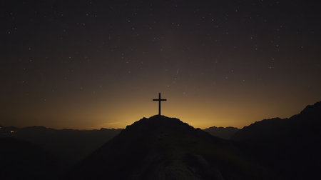 A captivating mountain view at night showcasing a bold cross silhouette against a star-filled sky, evoking feelings of peace and spiritual reflection amidst tranquility.の素材