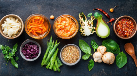 A vibrant assortment of fresh vegetables, spices, and fermented foods arranged beautifully on a dark surface, perfect for healthy cooking inspiration or meal prep ideas.の素材