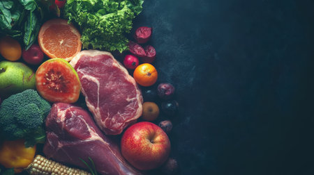 A vibrant arrangement of fresh vegetables alongside juicy cuts of meat, set against a dark background, perfect for culinary and healthy lifestyle concepts in food photography.の素材