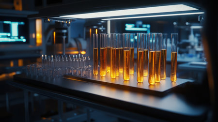 A collection of glass test tubes filled with luminous golden liquid on a laboratory bench, showcasing a modern and innovative scientific research environment, ideal for experimentation.の素材
