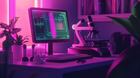 A vibrant laboratory workspace featuring a computer and microscope, enhanced by neon lighting and lush greenery, perfect for research and innovation in a modern setting.の素材