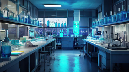 A vibrant laboratory space filled with glassware and blue liquids under soft illumination, featuring a stunning city skyline view at twilight, reflecting modern scientific endeavors.の素材