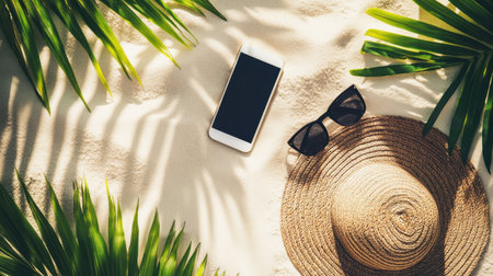 A serene summer scene portraying a smartphone, sunglasses, and a straw hat resting on soft sand, surrounded by green palm leaves, ideal for vacation inspiration and leisure themes.の素材