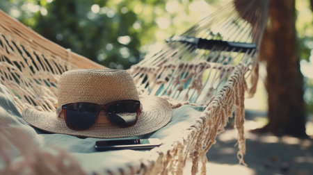 Enjoy a serene summer afternoon with a hammock, stylish sunglasses, and a sunhat in a peaceful outdoor setting, perfect for relaxation and leisure time.の素材