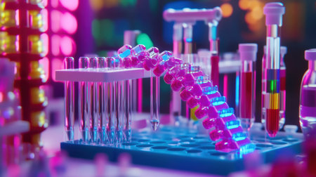 A vibrant laboratory scene featuring colorful liquids in test tubes and pipettes, showcasing modern scientific research and experimentation in a dynamic atmosphere.の素材