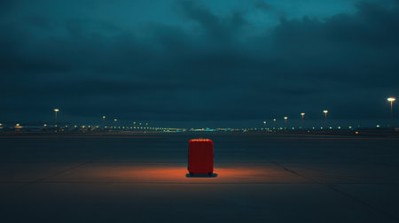 A striking image of a bright red suitcase positioned alone on a deserted runway under a dramatic cloudy sky, capturing a sense of solitude and anticipation in travel.の素材
