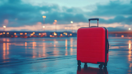 A stunning red suitcase sits on a glistening wet runway, embodying the essence of travel and adventure against a twilight backdrop filled with vibrant colors and atmospheric drama.の素材