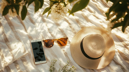 Experience the perfect summer retreat with a relaxing setup featuring sunglasses, a straw hat, and a smartphone on a cozy blanket surrounded by beautiful flowers.の素材
