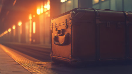 A vintage suitcase sits on an empty train station platform, bathed in warm sunset light, evoking a sense of nostalgia and adventure for future travels.の素材