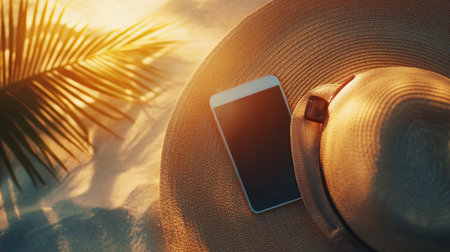 A serene beach scene featuring a straw hat and smartphone, bathed in the warm glow of sunset light with a palm leaf accenting the tranquil atmosphere, perfect for summer vibes.の素材
