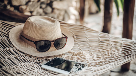 A serene summer scene depicting a straw hat, sunglasses, and smartphone resting on a hammock, capturing the essence of relaxation and leisure in a tropical environment.の素材
