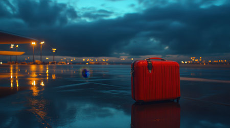 A striking image of a bright red suitcase on a reflective wet airport runway, embodying adventure and travel amid moody stormy skies and evening lights.の素材